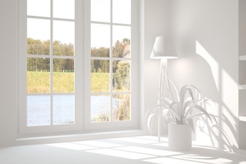 White empty room with green landscape in window. Scandinavian interior design. 3D illustration