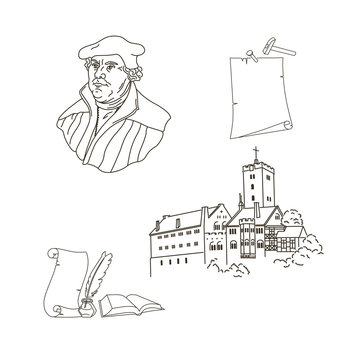 500th anniversary of protestant reformation pack: Portrait of Martin Luther, the key person in Protestant Reformation;  Wartburg in Eisenach castle; Bible, manuscript and feather. Vector Illustration 