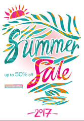Obraz premium Summer Sale beautiful background with hand drawn tropical leaves and sunrise. Vector illustration template for posters, banners, flyers, invitation, brochure, voucher discount. 