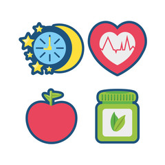 fruits, chronometer, healthy pills and heartbeat icons, vector illustration