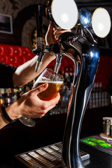 The bartender pours the beer into the glass