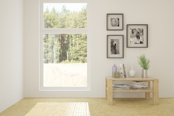 White empty room with green landscape in window. Scandinavian interior design. 3D illustration
