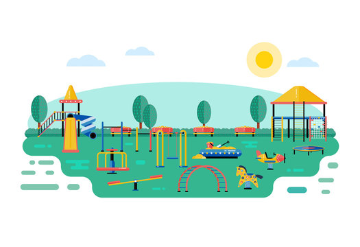 Kids playground vector landscape in flat design. Children play area devices on nature or urban park background. Kindergarten amusement toys outside. Youth sport and recreation ground equipment.