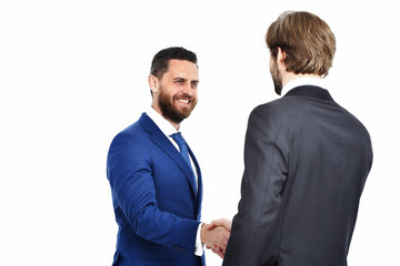 happy men in jacket hold hands each other in handshake