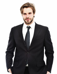 man or businessman on smiling face in black jacket