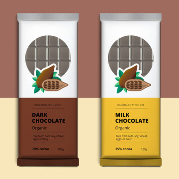 Organic dark and milk chocolate bar design. Choco packaging vector mockup. Trendy luxury product branding template with label and geometric pattern