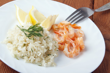 Mediterranean dish of shrimps with rice. Dish of fresh, ecological clean products