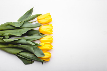 Bunch of yellow tulips on white wooden background. Creative floral greeting card with copy space