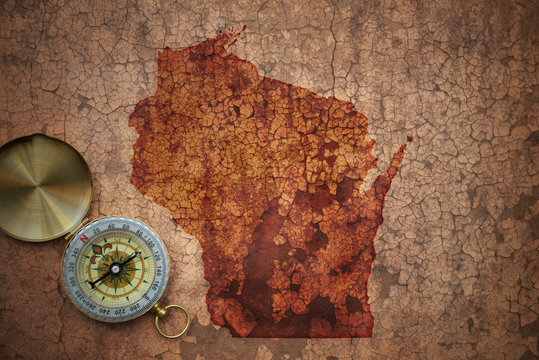 map of wisconsin state on a old vintage crack paper