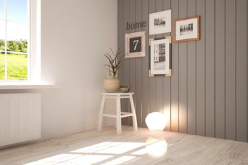 White empty room with green landscape in window. Scandinavian interior design. 3D illustration