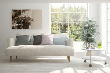 White room with sofa and green landscape in window. Scandinavian interior design. 3D illustration