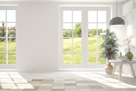 White empty room with green landscape in window. Scandinavian interior design. 3D illustration