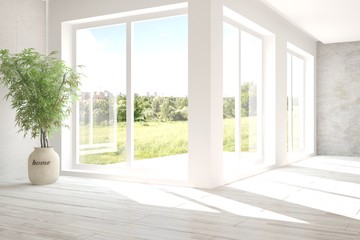 White empty room with green landscape in window. Scandinavian interior design. 3D illustration