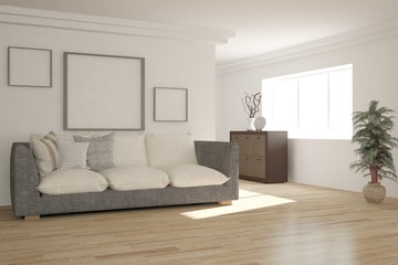 White modern room with sofa. Scandinavian interior design. 3D illustration