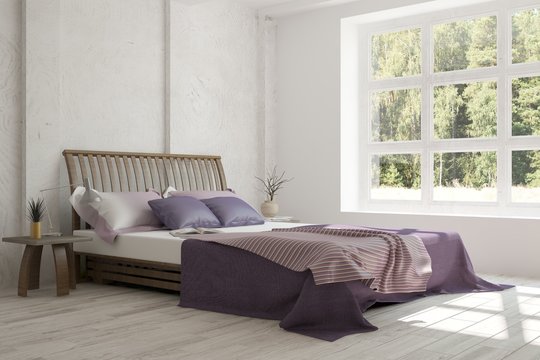 White bedroom with green landscape in window. Scandinavian interior design. 3D illustration