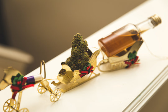 Christmas Ornaments and Mini Liquor on White Ledge