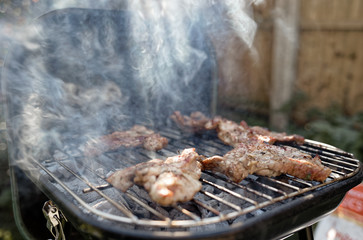 Barbecue party in garden. Marinated meat on the grill with smoke.