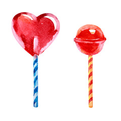 Candies on stick, lollipop set, watercolor
