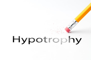 Closeup of pencil eraser and black hypotrophy text. Hypotrophy. Pencil with eraser.
