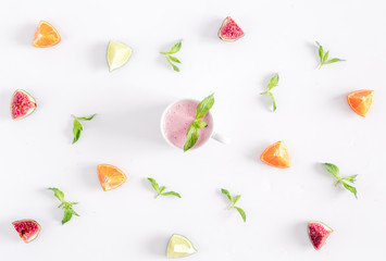 mint, cut citrus, yoghurt design on white background top view pattern