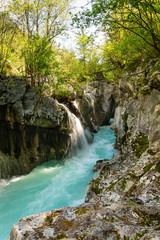Narrow part od river Soca in Triglav national park after heavy rain as the water level is still high
