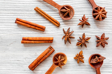 Cooking with vanilla, cinnamon on kitchen table background top view