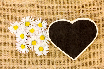 Gänseblümchen und ein Herz liegen auf Stoff