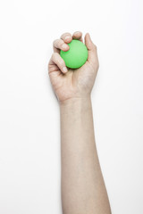 Fototapeta na wymiar woman hand hold a fluorescence green ball isolated white, background.