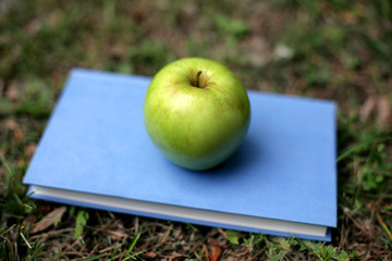 Green apple on a blue book in exterior; concept photo - nurturing your body and spirit; selective focus background.