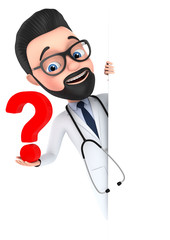 Cheerful doctor with a question mark. 3d render illustration.