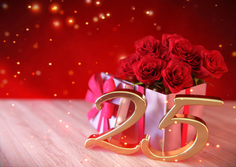 birthday concept with red roses in the gift on wooden desk. twentyfifth. 25th. 3D render
