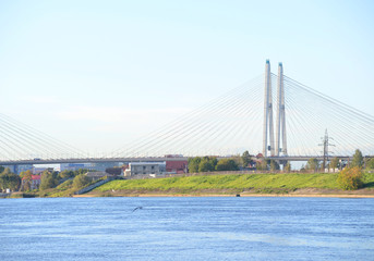 Cable-stayed bridge and Neva River.