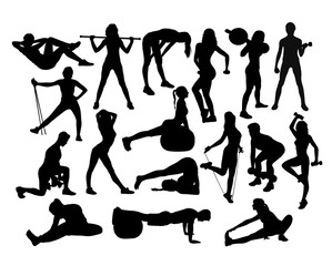 Elegant Women Silhouettes Doing Fitness Exercise, art vector design