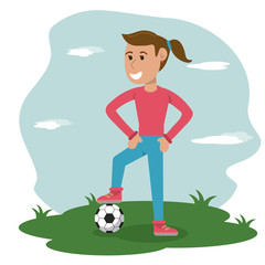 cartoon girl with soccer ball in meadow vector illustration