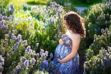 Outdoor portrait of young pregnant woman in the field. beautiful pregnant woman in wreath relaxing in the summer nature meadow. pregnant woman relaxing in flowers