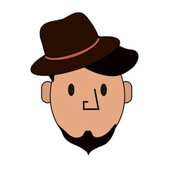 colorful silhouette front face caricature man bearded with small hat vector illustration