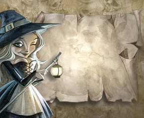 Halloween background illustration with a beautiful witch