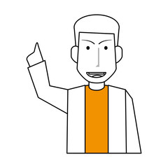 sketch color silhouette half body caricature doctor male with hand up vector illustration