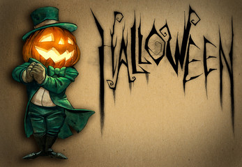Halloween cute illustration of funny and smiling pumpkin character dressed for the night party