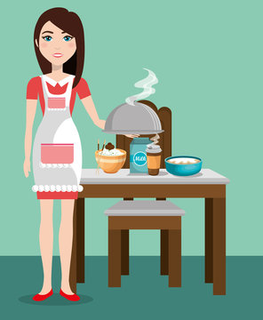 cute woman cooking in the kitchen vector illustration design
