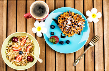 Photo of healthy breakfast on wooden background