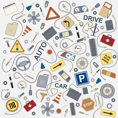 Cartoon hand-drawn sketchy on the subject of car style theme. pattern