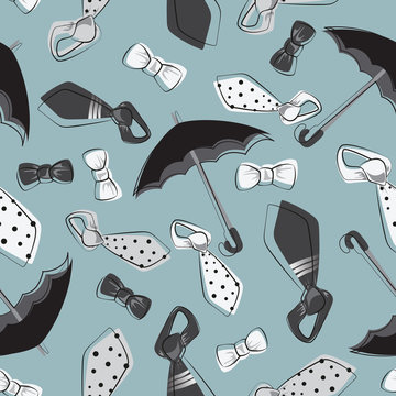 Umbrella, ties and bow ties. Father's day. Seamless pattern. Design for textile, wrapping paper.