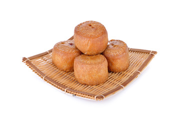 mini pie with pork on bamboo plate and on white background