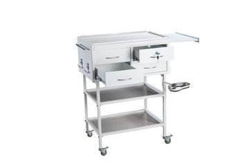 Medical trolley with opened drawers on a white background