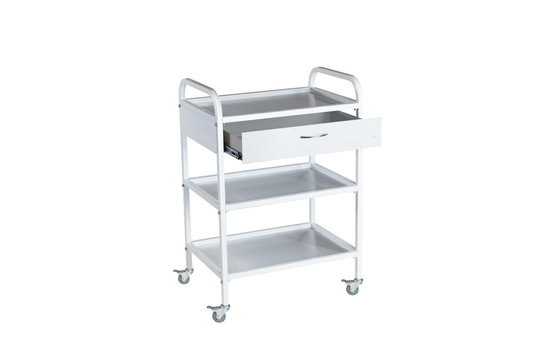 Medical trolley with opened drawer on a white background