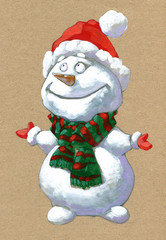 Christmas hand drawn illustration with a cute snowman wearing a scarf 