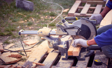 Cutting a tree with a circular saw in the workplace.