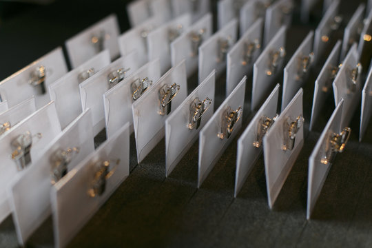 dozens of name tags at an event