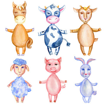 Watercolor horse, cow, goat, lamb, pig, rabbit hand drawn kid cartoon animal domestic cute pet isolated on white backdrop, Character design for greeting card, children invite, creation of zoo alphabet